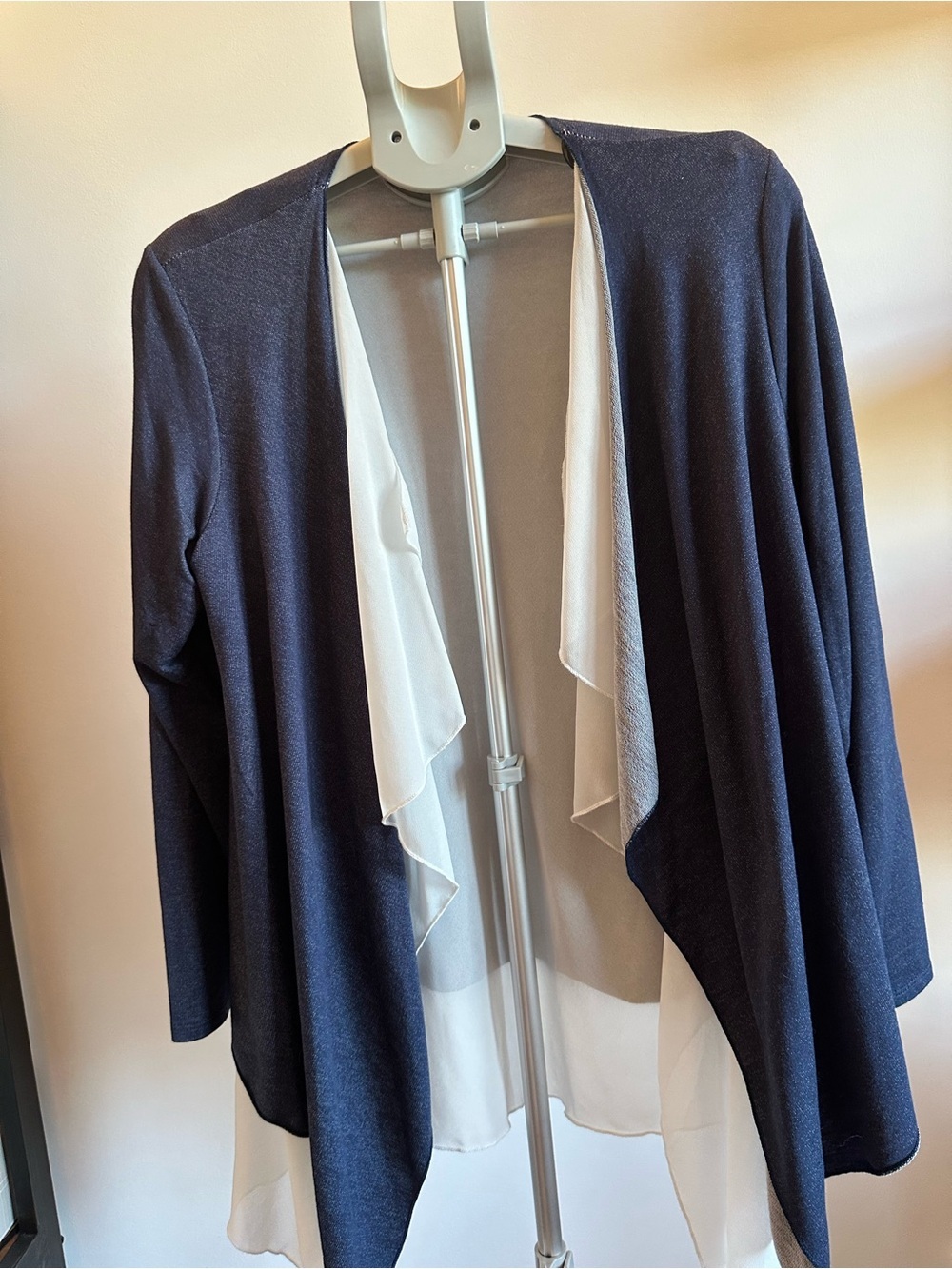 pebble and stone Navy Blue Open-Front Cardigan with Cream Draped Lining
